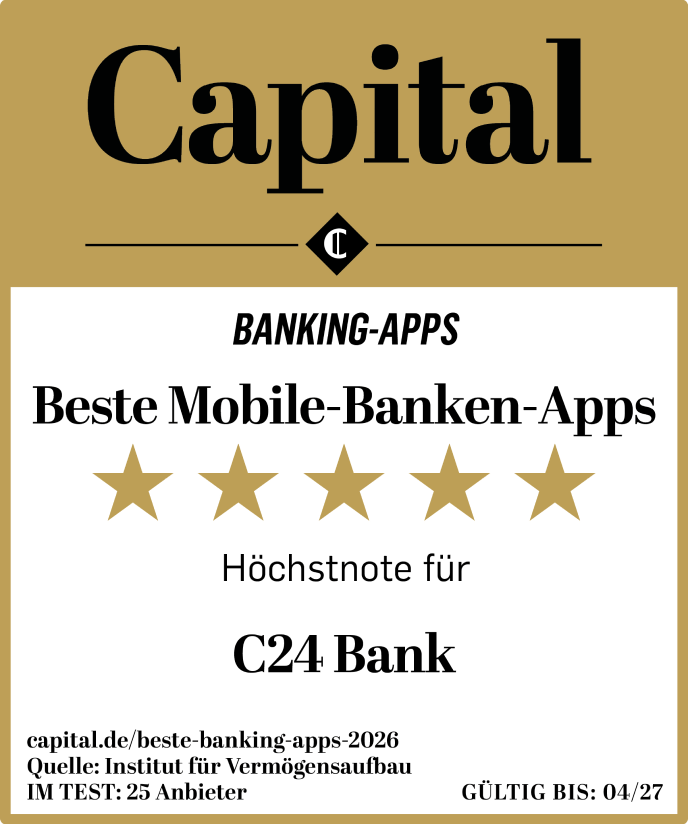 Auszeichnung von Capital: Beste Mobile-Banken-Apps - Höchstnote für C24 Bank.