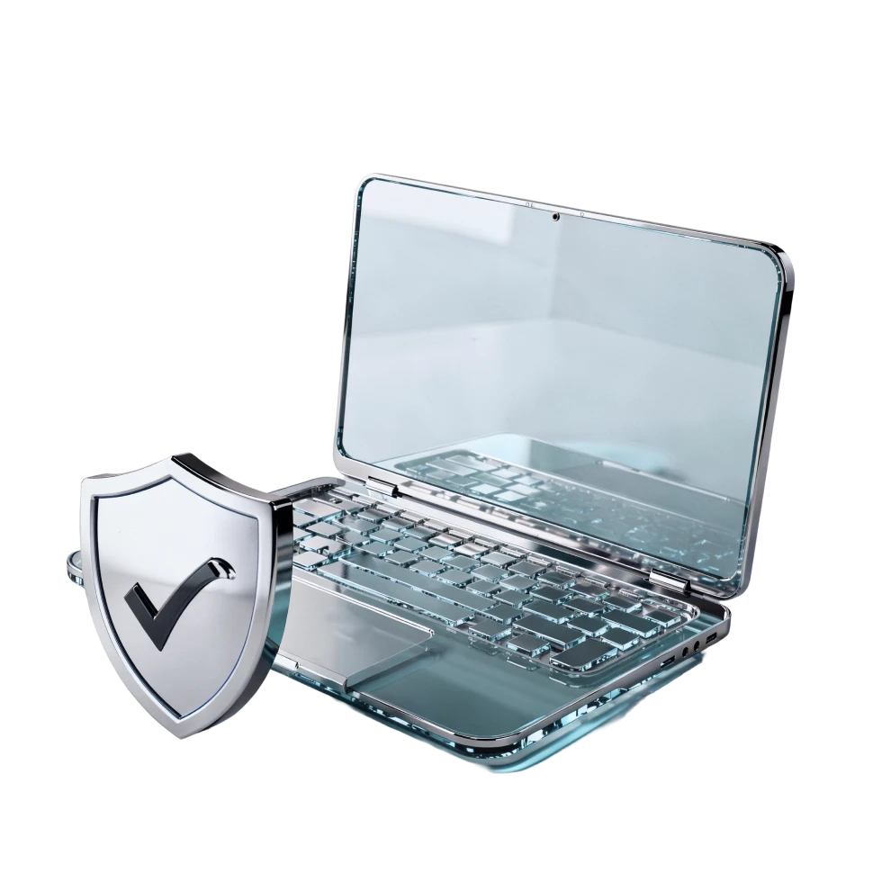 3D Illustration eines gläsernen Laptops mit einem silbernen Schutzschild mit Häkchen davor.