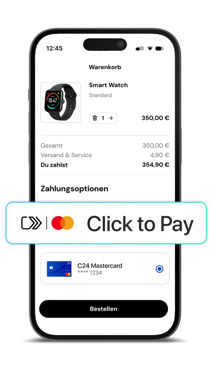 Ein Smartphone zeigt den Warenkorb eines Online-Shops. Das Click to Pay logo ist hervorgehoben.