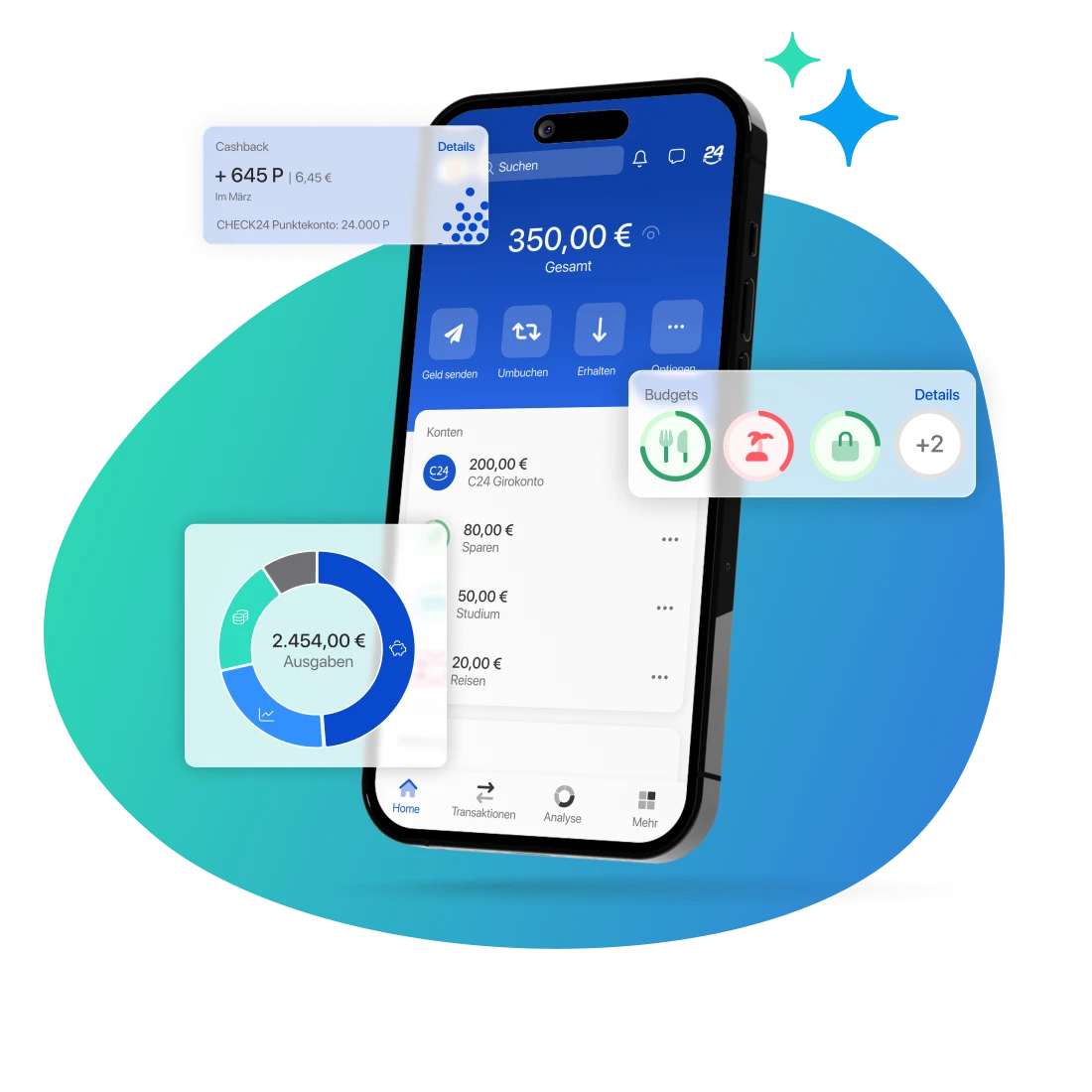 Ein Smartphone zeigt die Startseite der C24 Bank App.