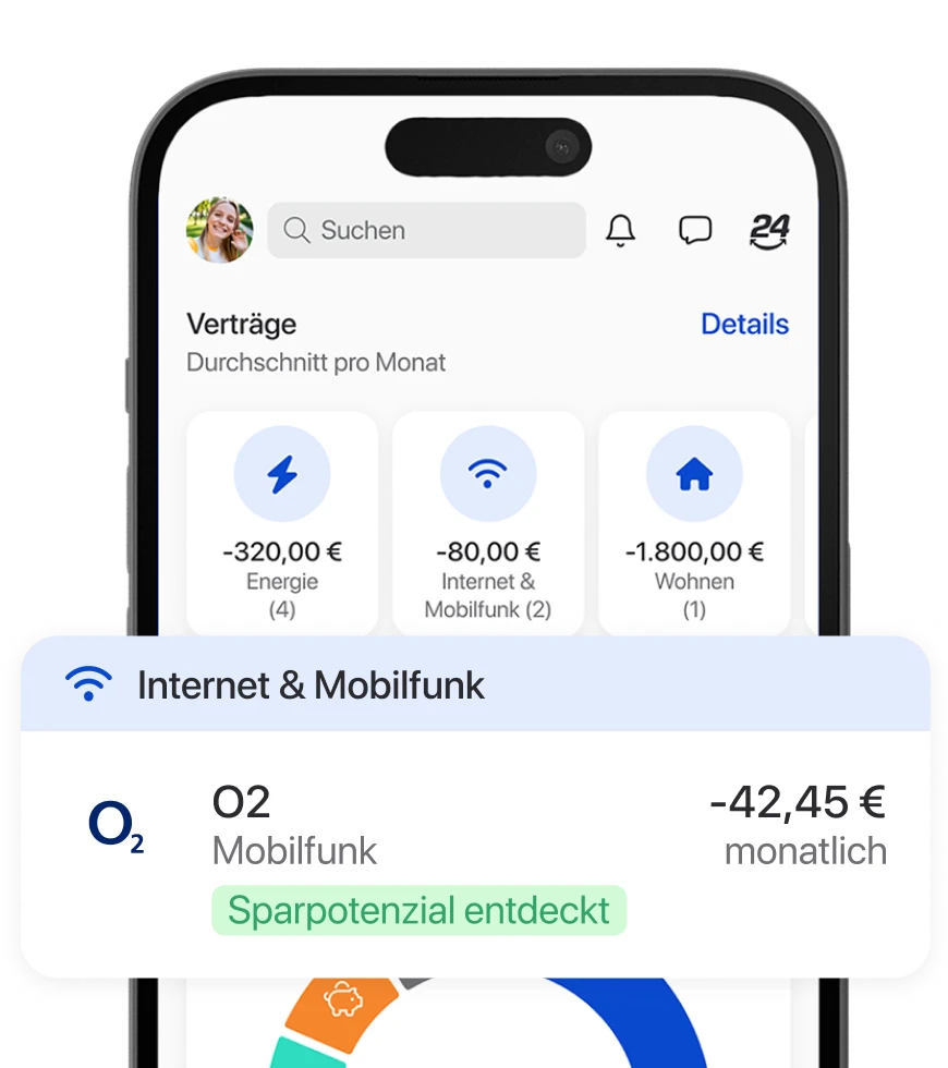 Ein Smartphone zeigt die Seite Verträge der C24 Bank App. Optisch hervorgehoben ist ein Mobilfunkvertrag, wo ein Spartpotenzial entdeckt wurde.