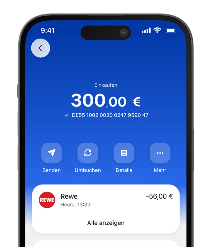 Ein Smartphone zeigt die Pocket-Detailseite der C24 Bank App, auf der die IBAN des Pockets hervorgehoben ist.