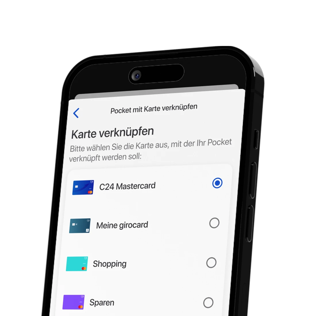 Ein Smartphone zeigt eine Seite der C24 Bank App, auf der man ein Pocket mit einer Karte verknüpfen kann.