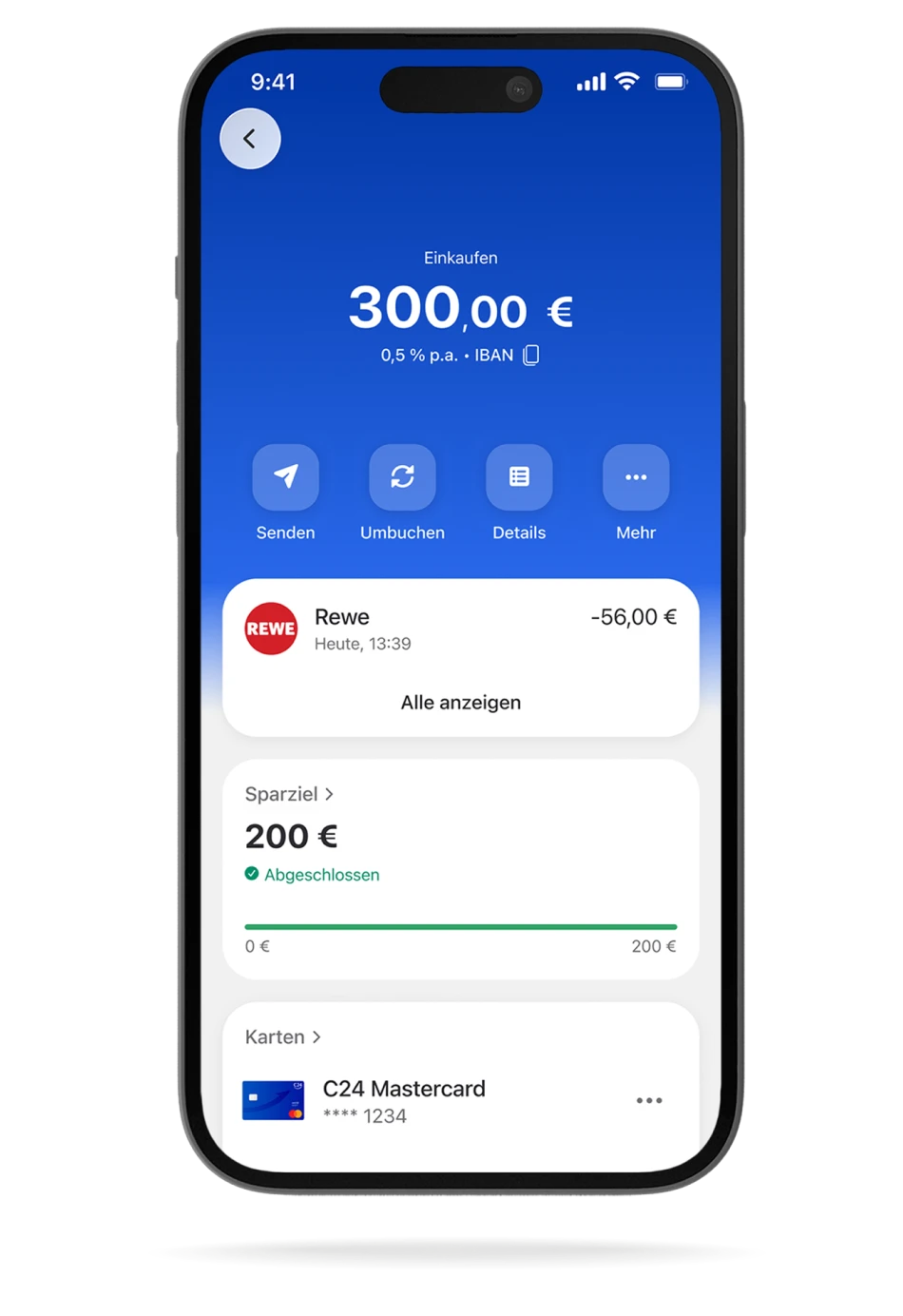 Ein Smartphone zeigt die Pocket-Detailseite der C24 Bank App, auf der ein Fortschrittsbalken mit 46 Prozent hervorgehoben ist. Daneben eine 3D Illustration einer Zielscheibe mit Pfeil darin.