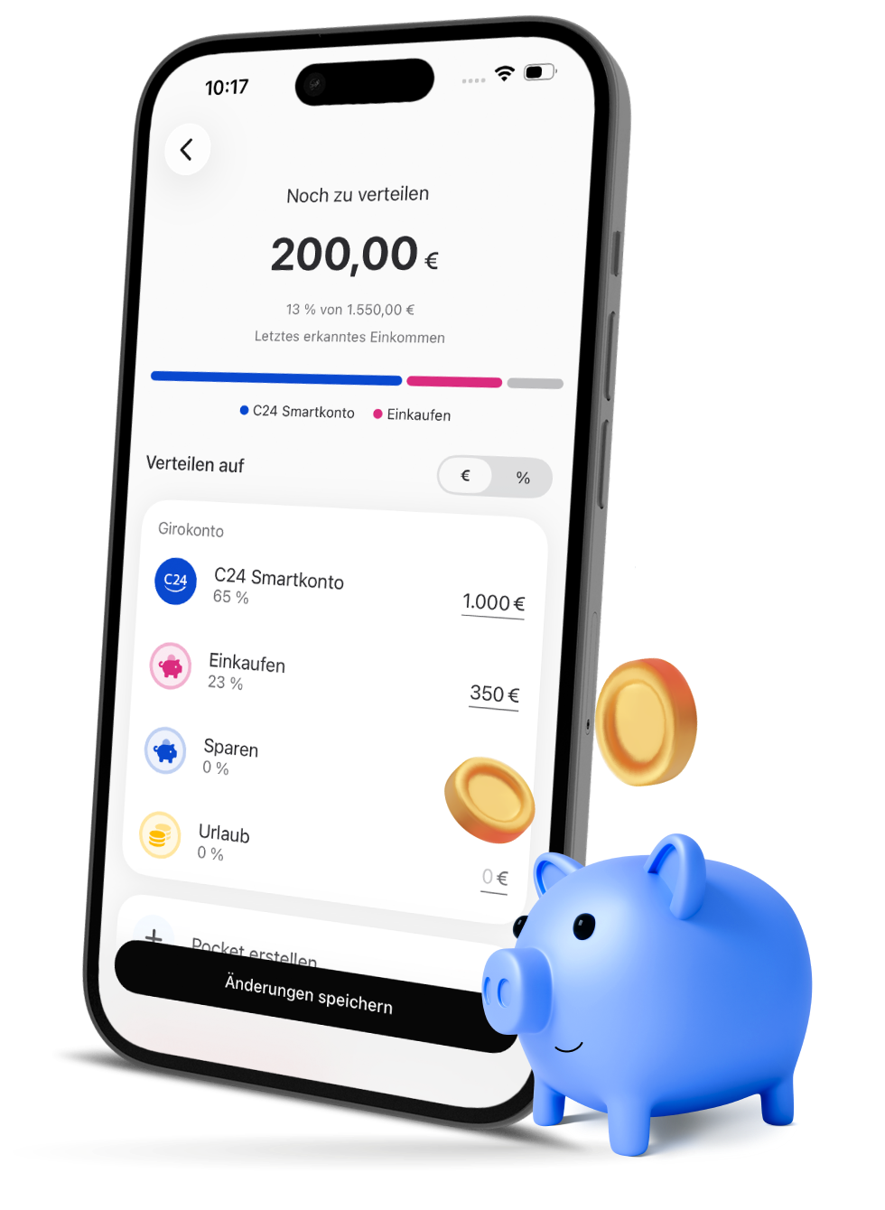 Ein Smartphone zeigt die Einkommensverteiler Seite der C24 Bank App, auf der das Einkommen mit Prozentangaben und Beträgen auf mehrere Pockets wie das C24 Smartkonto und 'Einkaufen' verteilt wird. Daneben ein blaues 3D Sparschwein und goldene Münzen.