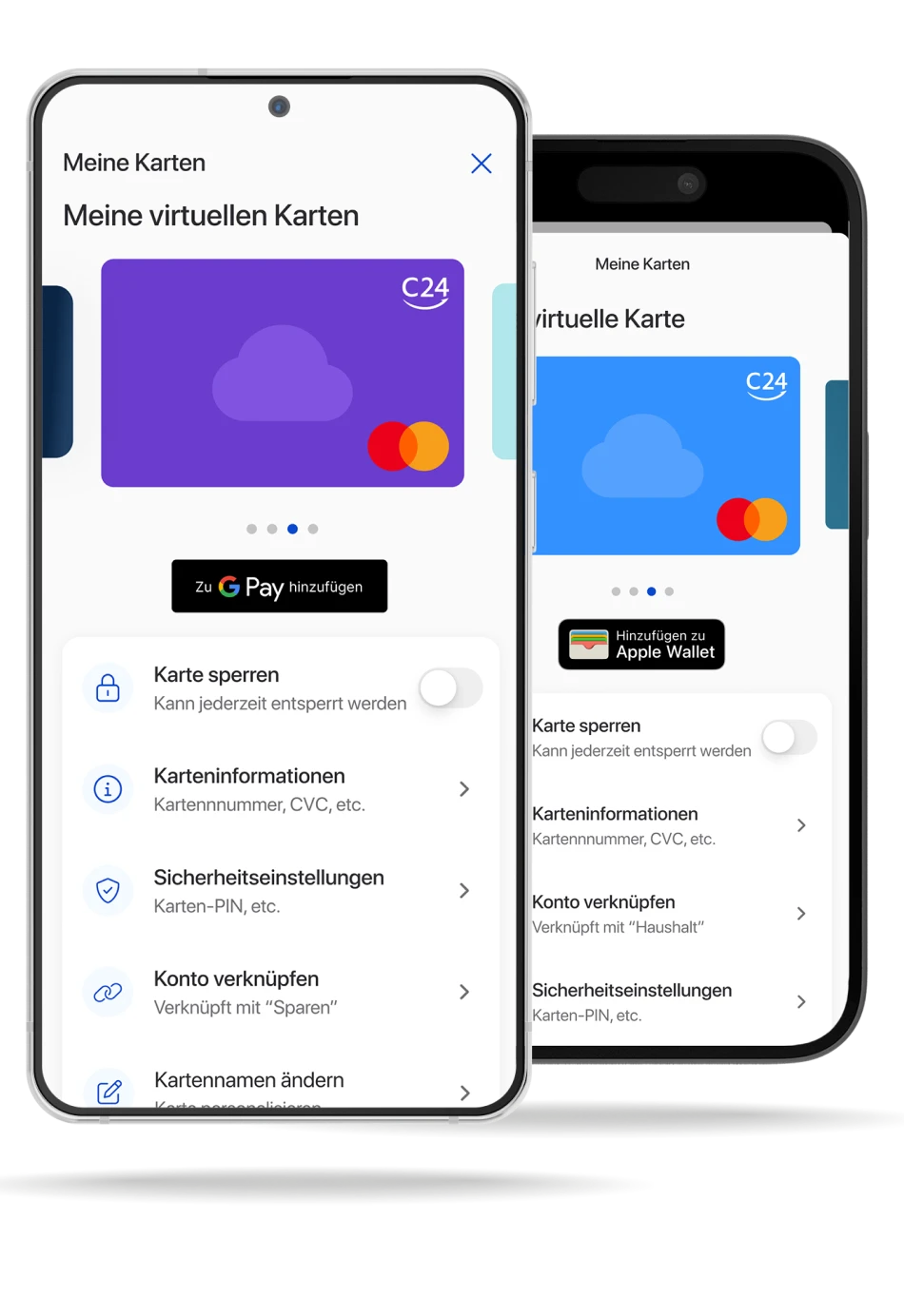 Zwei Smartphones zeigen jeweils die 'Meine Karten' Seite der C24 Bank App - für Android und iOS.