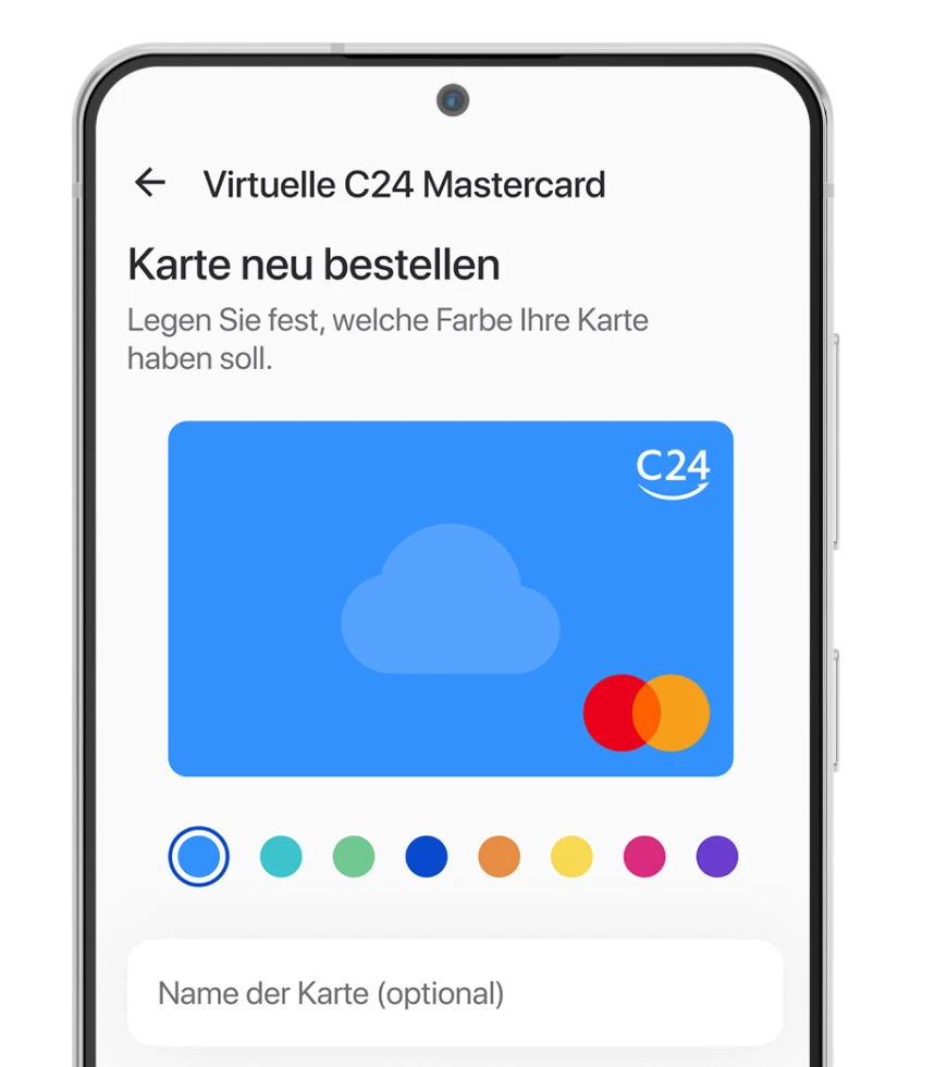 Ein Smartphone zeigt die Bestellseite für eine virtuelle Karte innerhalb der C24 Bank App. Es stehen 8 verschiedene Kartenfarben zur Auswahl.