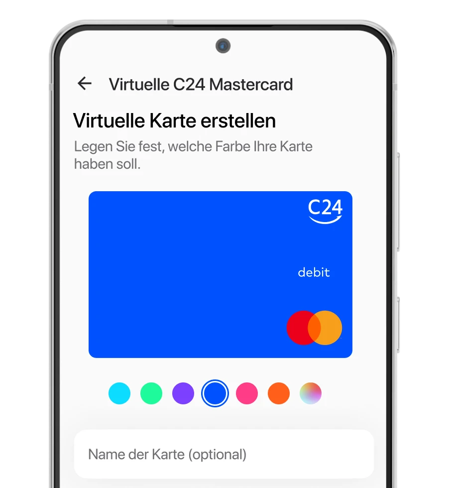 Ein Smartphone zeigt die Bestellseite für eine virtuelle Karte innerhalb der C24 Bank App. Es stehen 7 verschiedene Kartenfarben zur Auswahl.