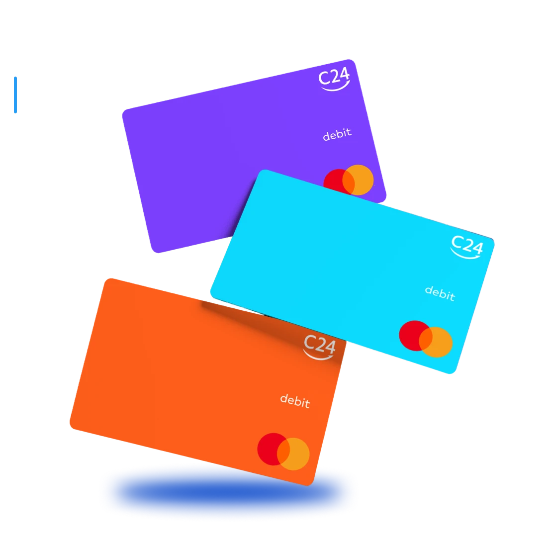 Drei schwebende virtuelle C24 Mastercard Karten in verschiedenen Farben: Lila, Türkis und Orange.