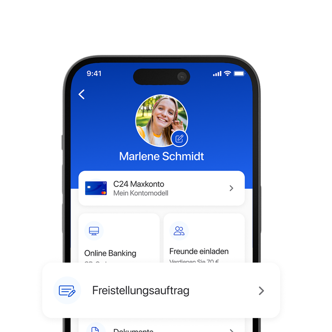 Ein Smartphone zeigt ein Nutzerprofil innerhalb der C24 Bank App, mit der Funktion Freistellungsauftrag hervorgehoben.